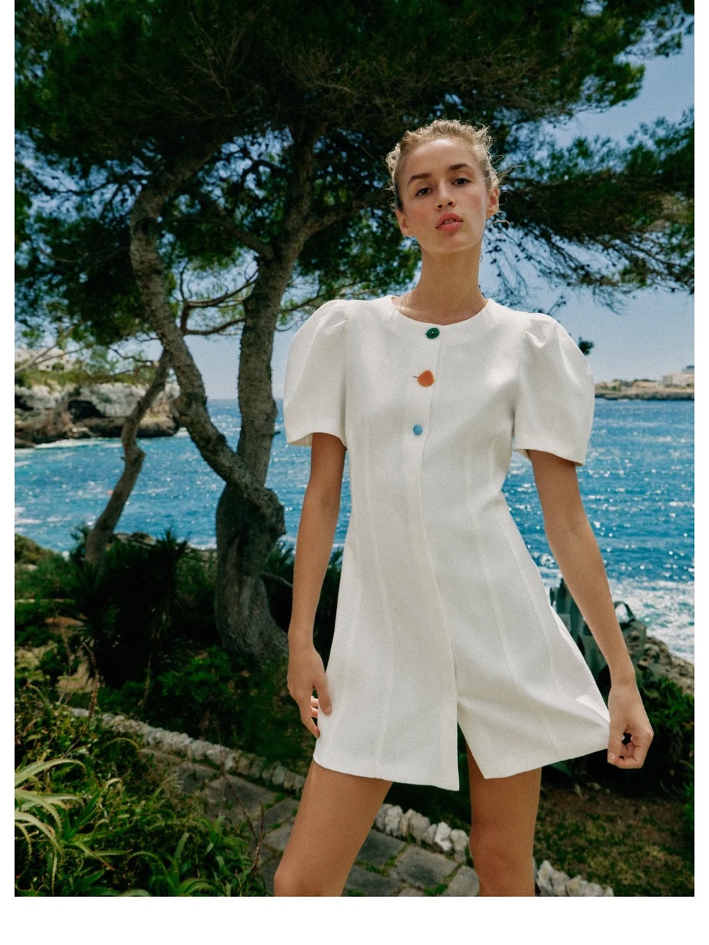 Viral Zara White Short balloon Sleeve Dress with Multicolor Buttons